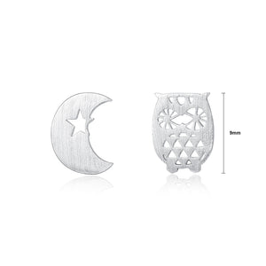 925 Sterling Silver Simple Creative Owl Moon Asymmetric Stud Earrings