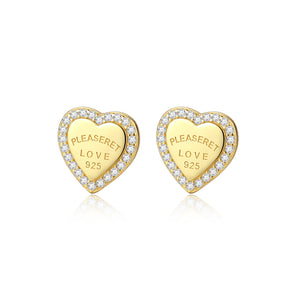 925 Sterling Silver Plated Gold Simple Romantic Heart-shaped Stud Earrings with Cubic Zirconia