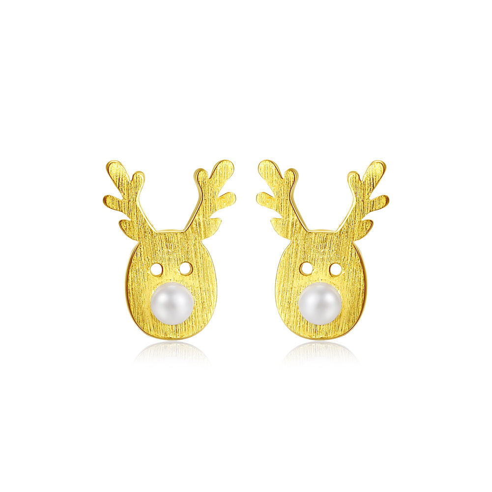 925 Sterling Silver Plated Gold Simple Cute Deer Fashion Pearl Stud Earrings
