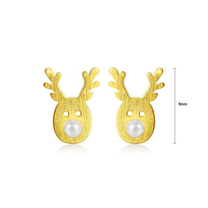 925 Sterling Silver Plated Gold Simple Cute Deer Fashion Pearl Stud Earrings