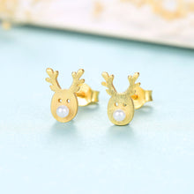 Load image into Gallery viewer, 925 Sterling Silver Plated Gold Simple Cute Deer Fashion Pearl Stud Earrings