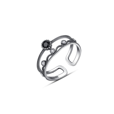 925Sterling Silver Simple Fashion Black Cubic Zirconia Geometric Round Adjustable Open Ring