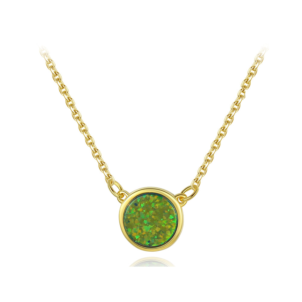 925 Sterling Silver Plated Gold Simple Classic Geometric Round Color Artificial Opal Pendant with Necklace