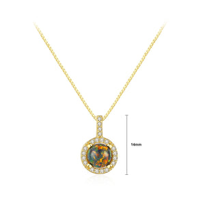 925 Sterling Silver Plated Gold Simple and Elegant Geometric Round Green Artificial Opal Pendant with Cubic Zirconia and Necklace