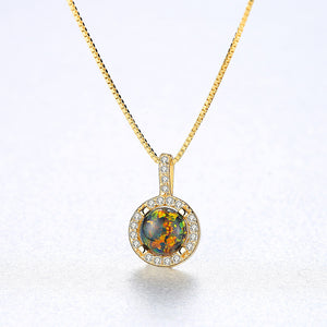 925 Sterling Silver Plated Gold Simple and Elegant Geometric Round Green Artificial Opal Pendant with Cubic Zirconia and Necklace