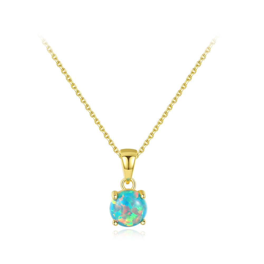 925 Sterling Silver Plated Gold Simple Fashion Geometric Round Green Artificial Opal Pendant with Necklace
