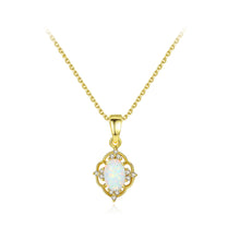 Load image into Gallery viewer, 925 Sterling Silver Plated Gold Vintage Fashion Pattern White Imitation Opal Pendant with Cubic Zirconia and Necklace