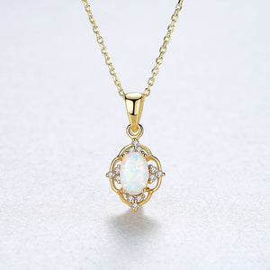 925 Sterling Silver Plated Gold Vintage Fashion Pattern White Imitation Opal Pendant with Cubic Zirconia and Necklace