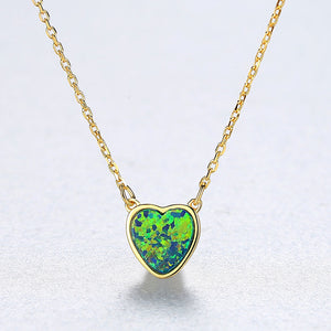 925 Sterling Silver Plated Gold Simple Romantic Heart-shaped Green Imitation Opal Pendant with Necklace