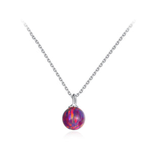 925 Sterling Silver Simple Fashion Geometric Round Red Imitation Opal Pendant with Necklace