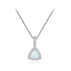925 Sterling Silver Elegant Fashion Geometric Triangle White Imitation Opal Pendant with Cubic Zirconia and Necklace