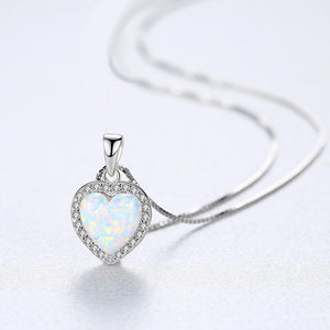 925 Sterling Silver Simple Romantic Heart-shaped White Opal Pendant with Cubic Zirconia and Necklace