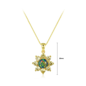 925 Sterling Silver Plated Gold Fashion Elegant Flower Green Imitation Opal Pendant with Cubic Zirconia and Necklace