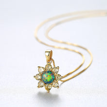 Load image into Gallery viewer, 925 Sterling Silver Plated Gold Fashion Elegant Flower Green Imitation Opal Pendant with Cubic Zirconia and Necklace