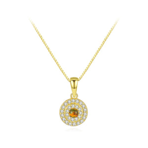925 Sterling Silver Plated Gold Dazzling Fashion Geometric Round Yellow Imitation Opal Pendant with Cubic Zirconia and Necklace