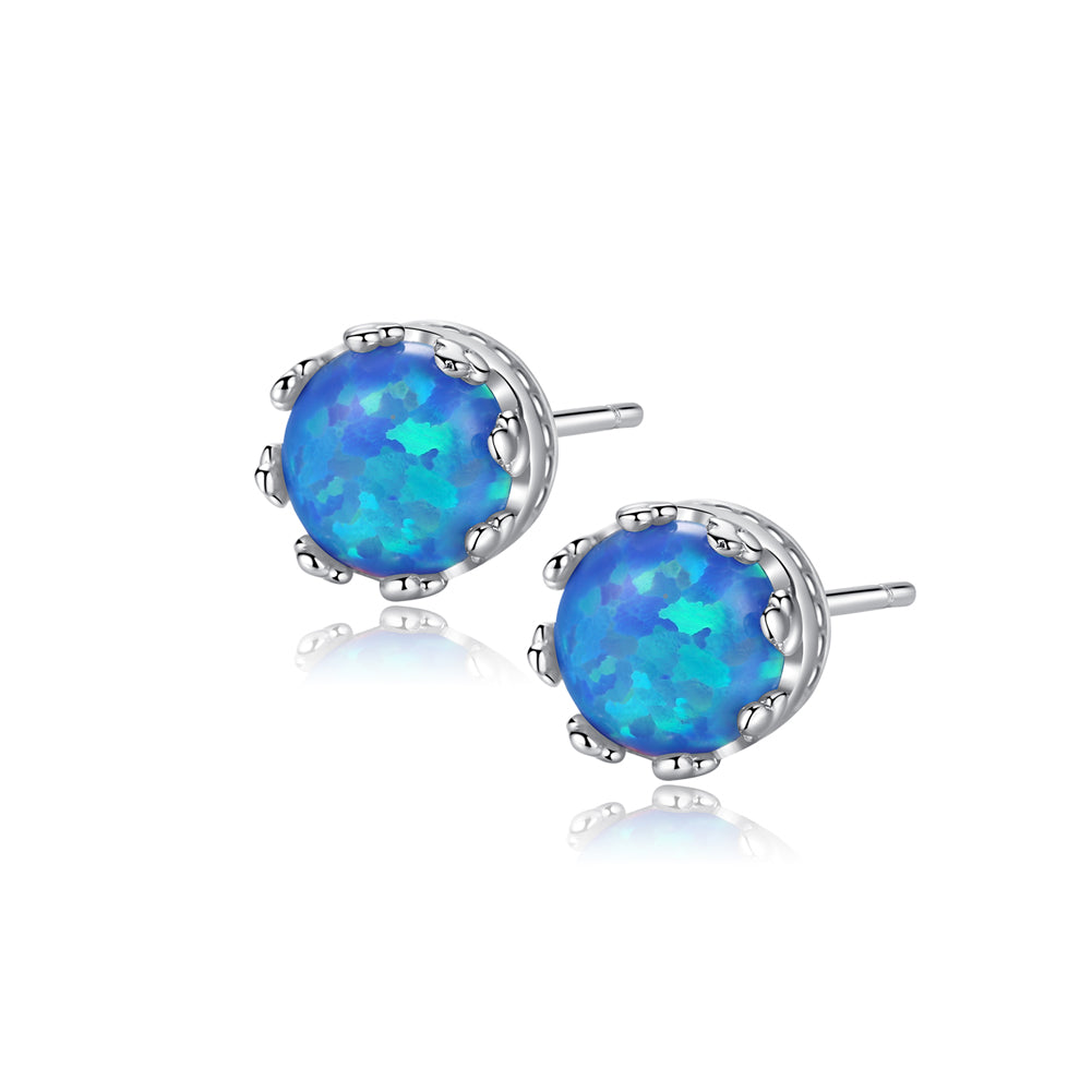 925 Sterling Silver Simple Fashion Geometric Round Blue Imitation Opal Stud Earrings