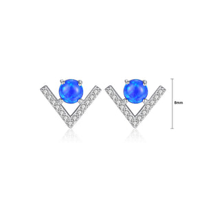 925 Sterling Silver Fashion Simple Geometric V-shaped Blue Imitation Opal Stud Earrings with Cubic Zirconia