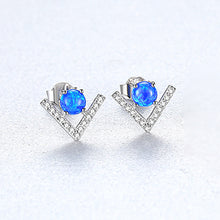 Load image into Gallery viewer, 925 Sterling Silver Fashion Simple Geometric V-shaped Blue Imitation Opal Stud Earrings with Cubic Zirconia