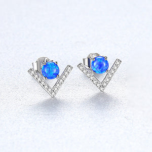 925 Sterling Silver Fashion Simple Geometric V-shaped Blue Imitation Opal Stud Earrings with Cubic Zirconia