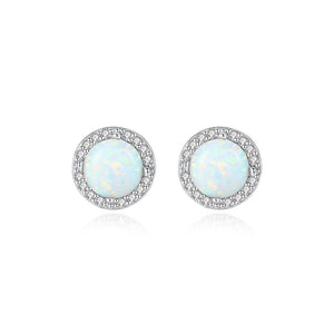 925 Sterling Silver Simple Fashion Geometric Round White Imitation Opal Stud Earrings with Cubic Zirconia