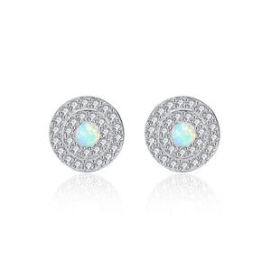 925 Sterling Silver Fashion Bright Geometric Round White Imitation Opal Stud Earrings with Cubic Zirconia
