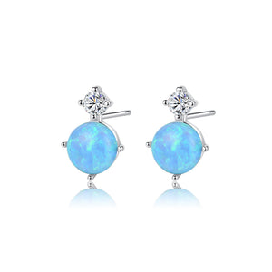 925 Sterling Silver Simple Fashion Geometric Round Blue Imitation Opal Stud Earrings with Cubic Zirconia