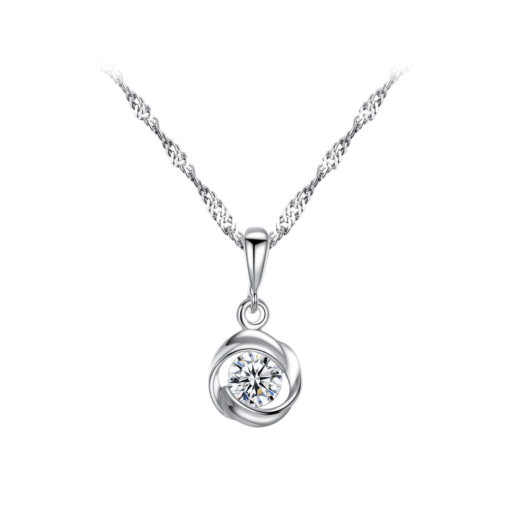 925 Sterling Silver Fashion Simple Geometric Round Pendant with Cubic Zirconia and Necklace