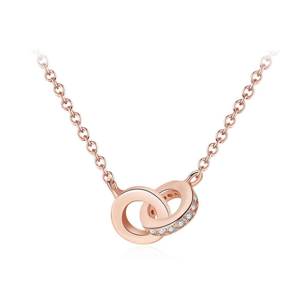 925 Sterling Silver Plated Rose Gold Simple Fashion Double Round Pendant with Cubic Zirconia and Necklace