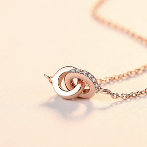 925 Sterling Silver Plated Rose Gold Simple Fashion Double Round Pendant with Cubic Zirconia and Necklace