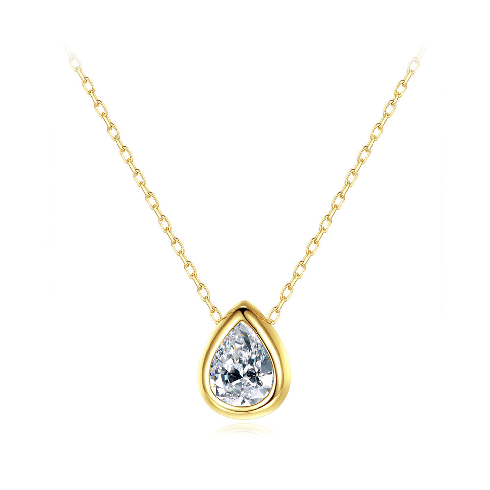 925 Sterling Silver Plated Gold Simple Fashion Water Drop-shaped Cubic Zirconia Pendant with Necklace