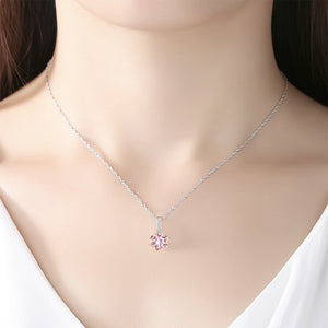 925 Sterling Silver Elegant Simple Flower Pendant with Pink Cubic Zirconia and Necklace
