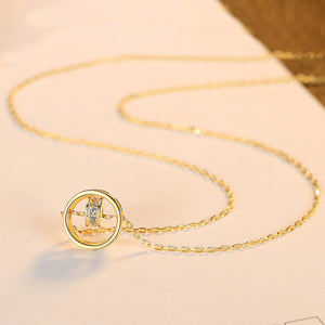 925 Sterling Silver Plated Gold Simple Fashion Double Round Pendant with Cubic Zirconia and Necklace