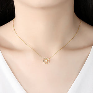 925 Sterling Silver Plated Gold Simple Fashion Double Round Pendant with Cubic Zirconia and Necklace