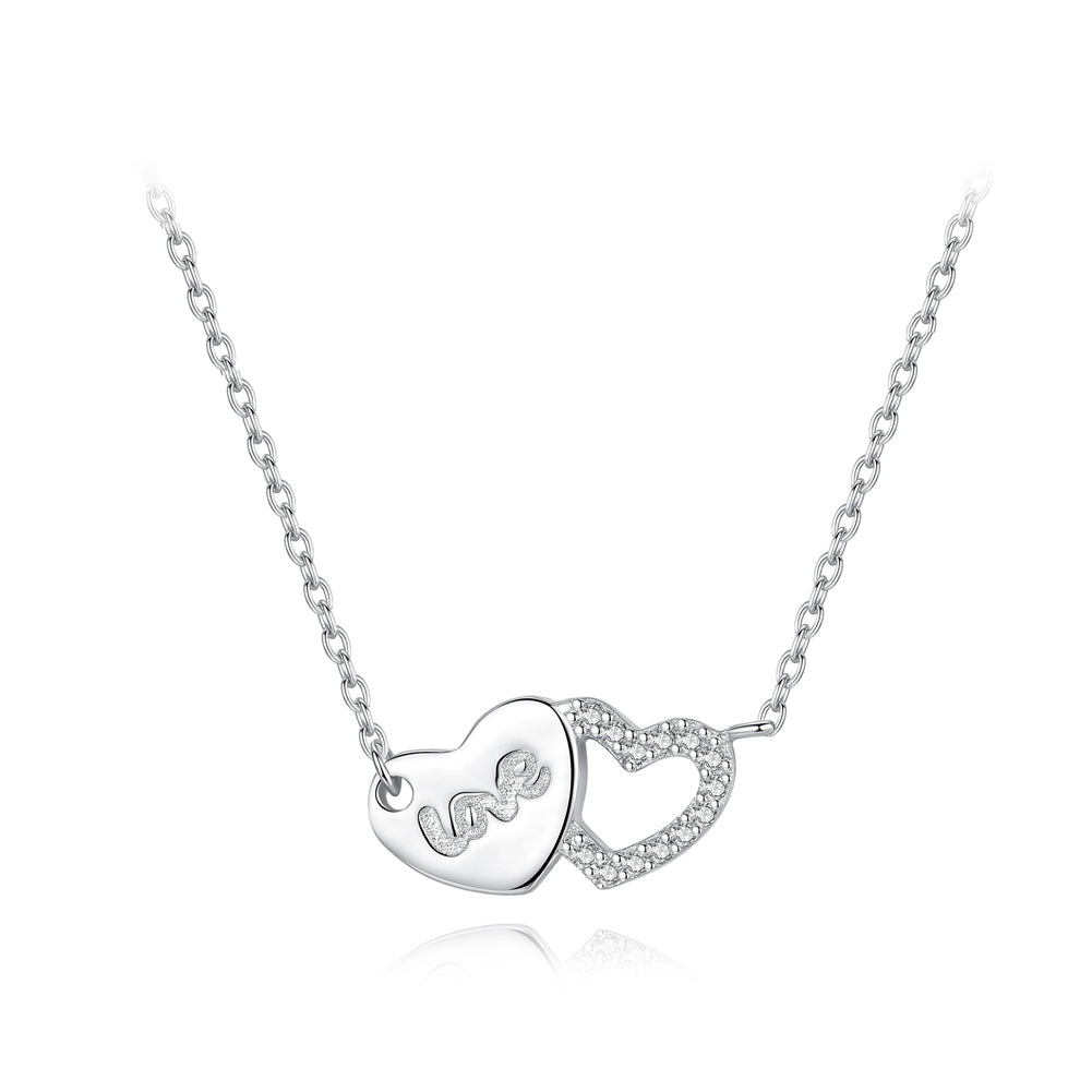 925 Sterling Silver Fashion Romantic Double Heart Necklace with Cubic Zirconia