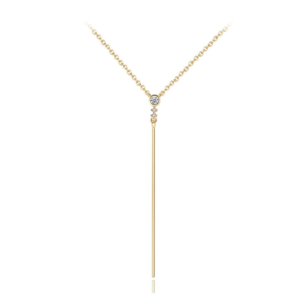 925 Sterling Silver Plated Gold Simple Fashion Geometric Tassel Pendant with Cubic Zirconia and Necklace