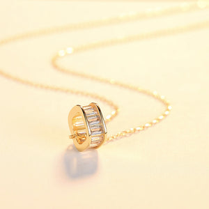 925 Sterling Silver Plated Gold Simple Fashion Hollow Geometric Diamond Pendant with Cubic Zirconia and Necklace