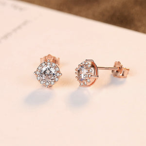 925 Sterling Silver Plated Rose Gold Fashion Elegant Geometric Round Cubic Zirconia Stud Earrings