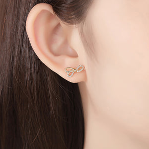 925 Sterling Silver Plated Rose Gold Fashion Simple Ribbon Stud Earrings with Cubic Zirconia