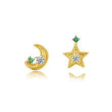 Load image into Gallery viewer, 925 Sterling Silver Plated Gold Simple Star Moon Asymmetric Stud Earrings with Cubic Zirconia
