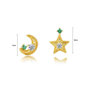 925 Sterling Silver Plated Gold Simple Star Moon Asymmetric Stud Earrings with Cubic Zirconia