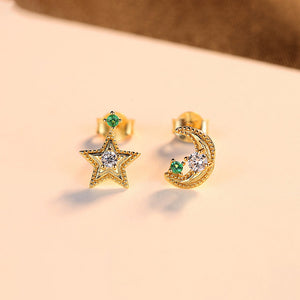 925 Sterling Silver Plated Gold Simple Star Moon Asymmetric Stud Earrings with Cubic Zirconia