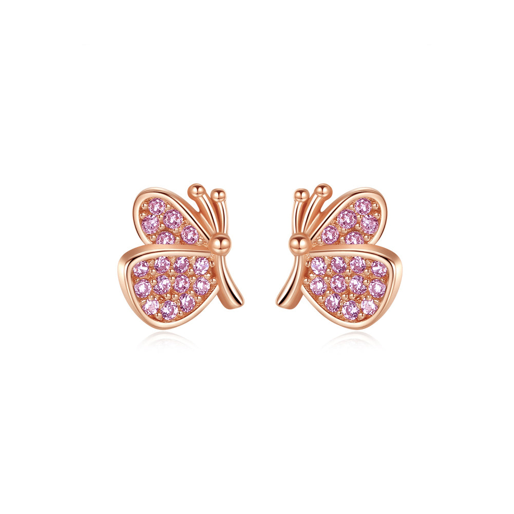 925 Sterling Silver Plated Rose Gold Fashion Elegant Butterfly Stud Earrings with Pink Cubic Zirconia