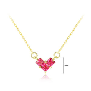 925 Sterling Silver Plated Gold Simple Romantic Heart-shaped Red Imitation Gemstone Pendant with Necklace