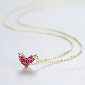 925 Sterling Silver Plated Gold Simple Romantic Heart-shaped Red Imitation Gemstone Pendant with Necklace