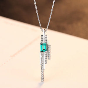 925 Sterling Silver Fashion and Elegant Geometric Tassel Green Imitation Gemstone Pendant with Cubic Zirconia and Necklace