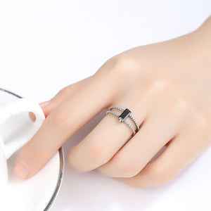 925 Sterling Silver Simple Fashion Geometric Black Cubic Zirconia Adjustable Open Ring