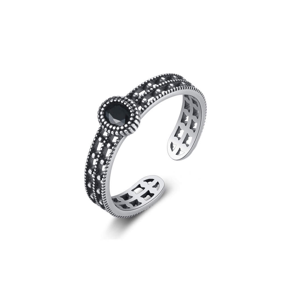 925 Sterling Silver Fashion Classic Geometric Oval Black Cubic Zirconia Adjustable Open Ring