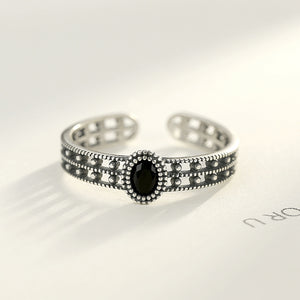 925 Sterling Silver Fashion Classic Geometric Oval Black Cubic Zirconia Adjustable Open Ring