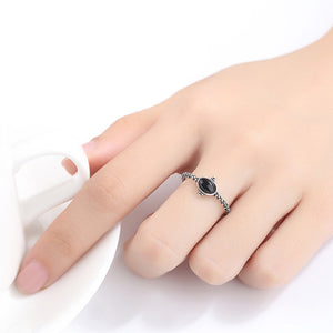 925 Sterling Silver Simple Fashion Geometric Oval Obsidian Adjustable Open Ring
