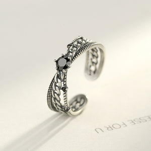 925 Sterling Silver Fashion Elegant Pattern Black Cubic Zirconia Adjustable Open Ring
